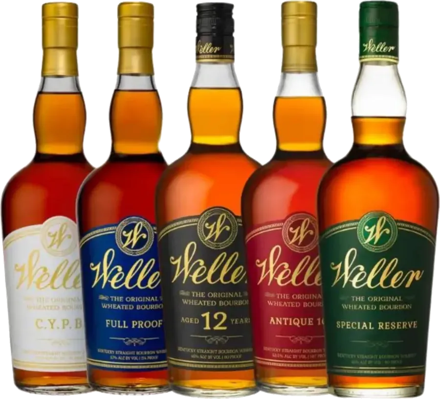 Five Weller bourbon bottles side by side: C.Y.P.B., Full Proof, Aged 12 Years, Antique 107 and Special Reserve