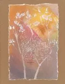 A pressed-leaf botanical impression in orange and gold on tan paper, with lettering