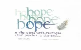 The word hope repeated in large blue-gray letters, with a feather and a line of calligraphy beneath