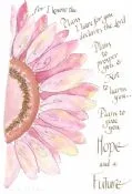 A painted pink and orange flower with lines of calligraphy running down the right side